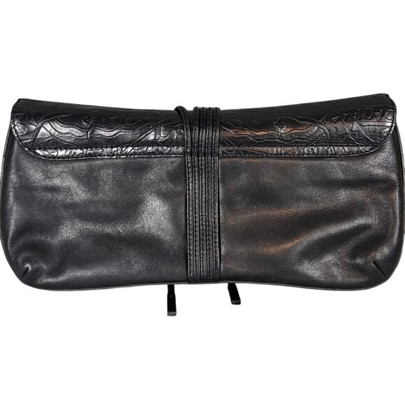Via Spiga.Embossed Clutch Africa Collection Black Leather Indie Boho Designer - Picture 2 of 12